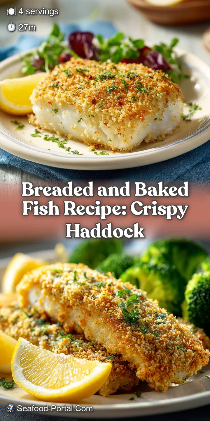 Close-up of perfectly baked haddock, showcasing the crispy, golden panko crust and moist, flaky white fish underneath.