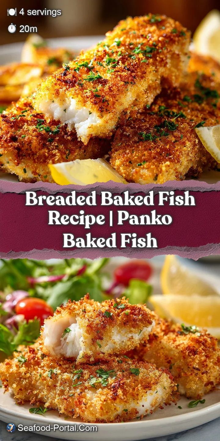 Close-up of golden-brown, breaded baked fish. Crispy texture with flecks of herbs. Warm, inviting, and ready to eat!