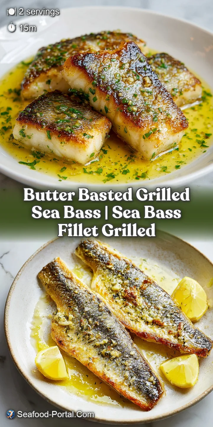 Close-up of flaky white fish with crispy, browned skin glistening under a rich, melted butter and herb sauce.