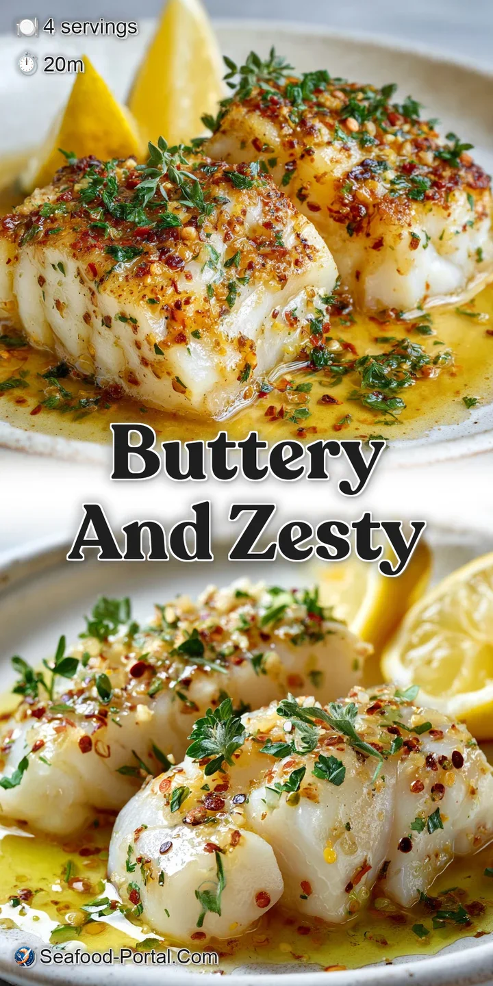 Close-up of tender, white cod flecked with herbs, glistening with a buttery, garlicky sauce. Steaming hot and fresh from t...