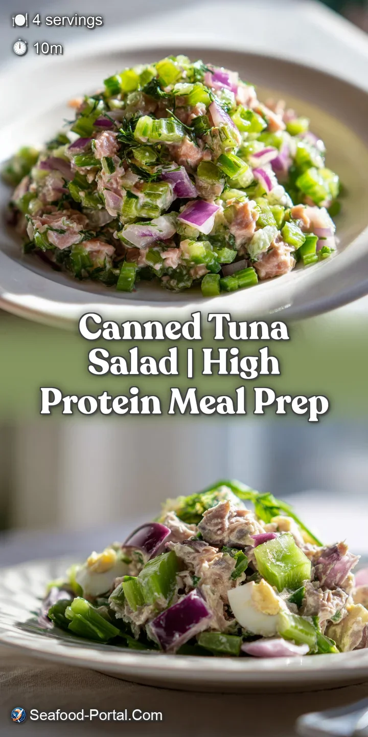 Close-up of flaky tuna chunks blended with creamy dressing, punctuated by tiny green herbs and crisp diced celery.