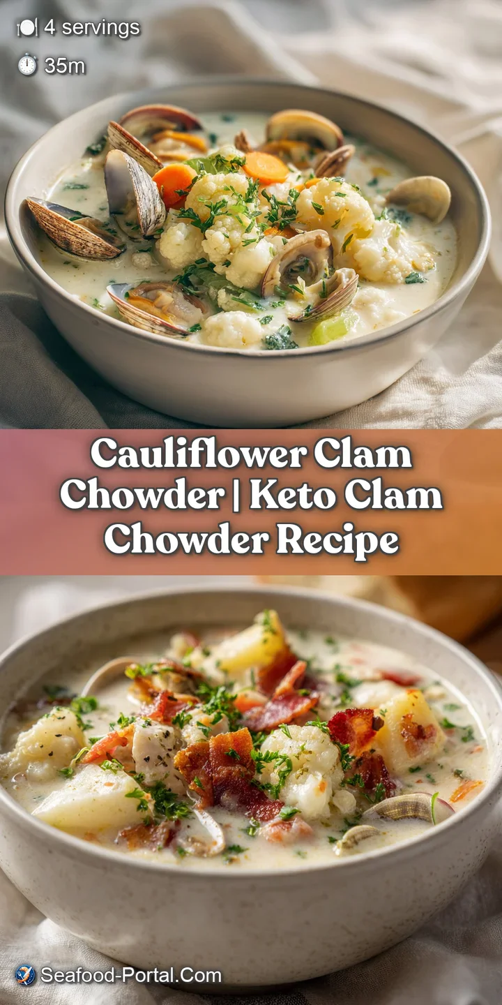 Close-up shot of rich, velvety cauliflower clam chowder. Swirls of cream and tender pieces of cauliflower are visible.