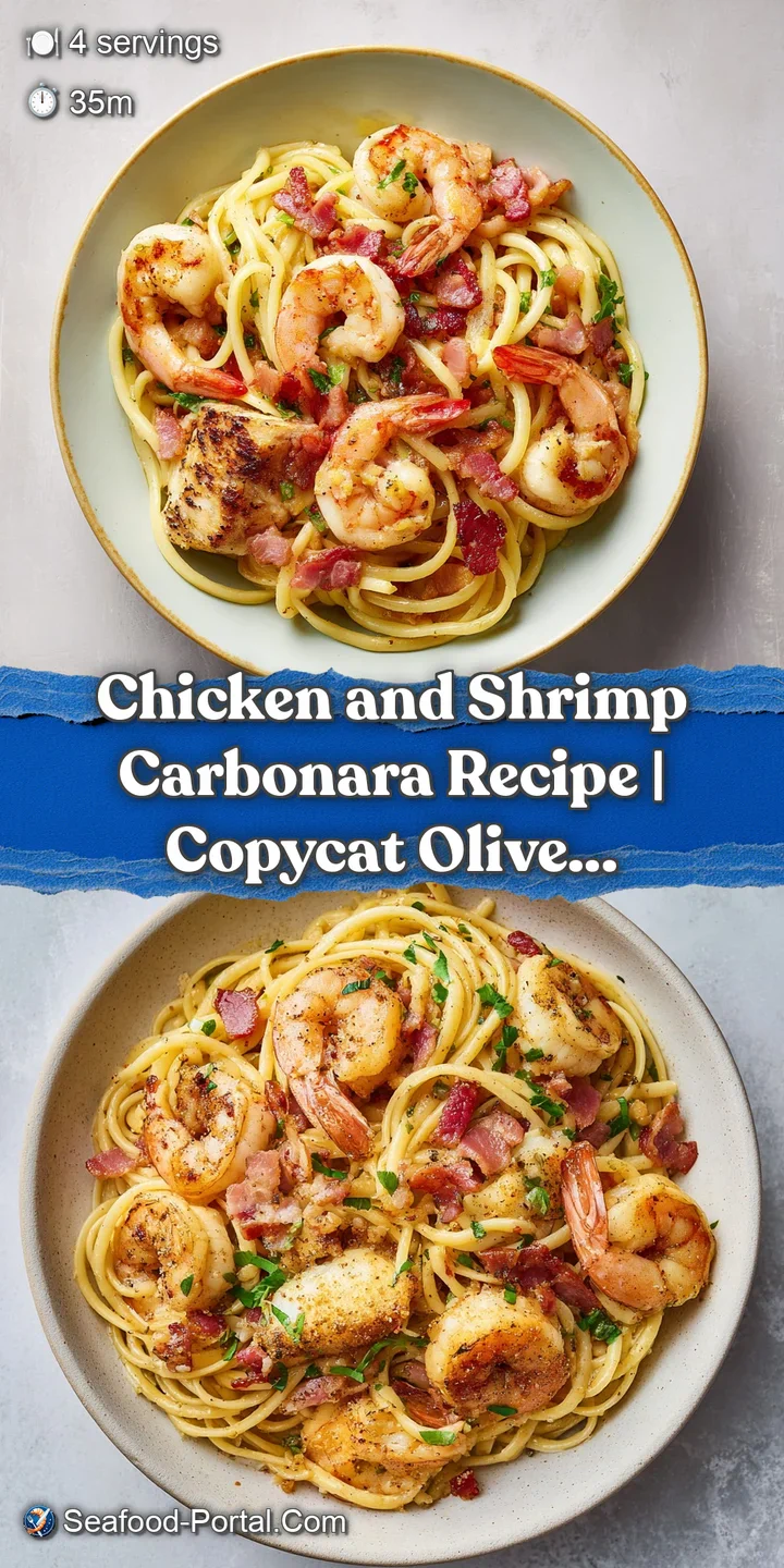 Close-up of glistening creamy sauce coating tender shrimp and juicy chicken pieces with a sprinkle of black pepper.