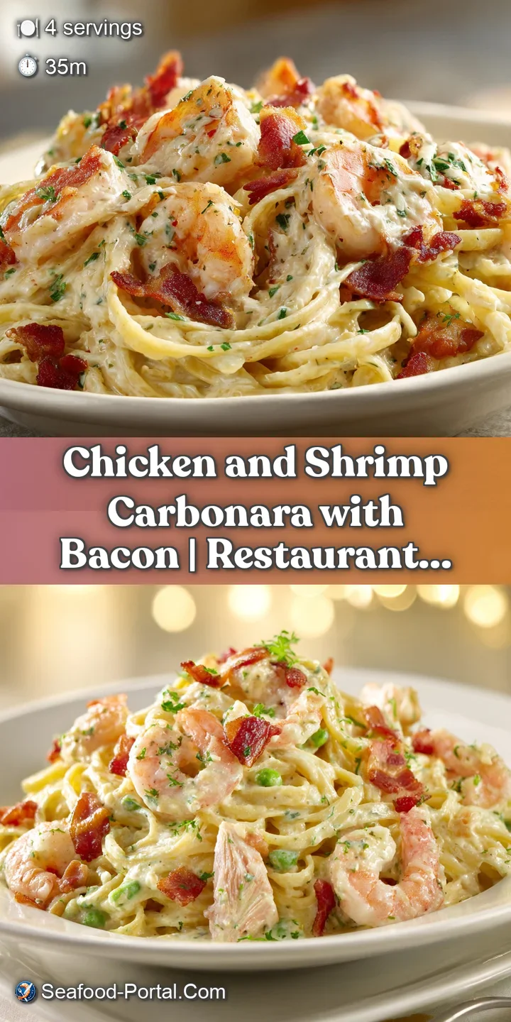 Close-up of creamy carbonara with tender chicken and succulent shrimp. Crispy bacon bits nestled in glossy, rich egg sauce.