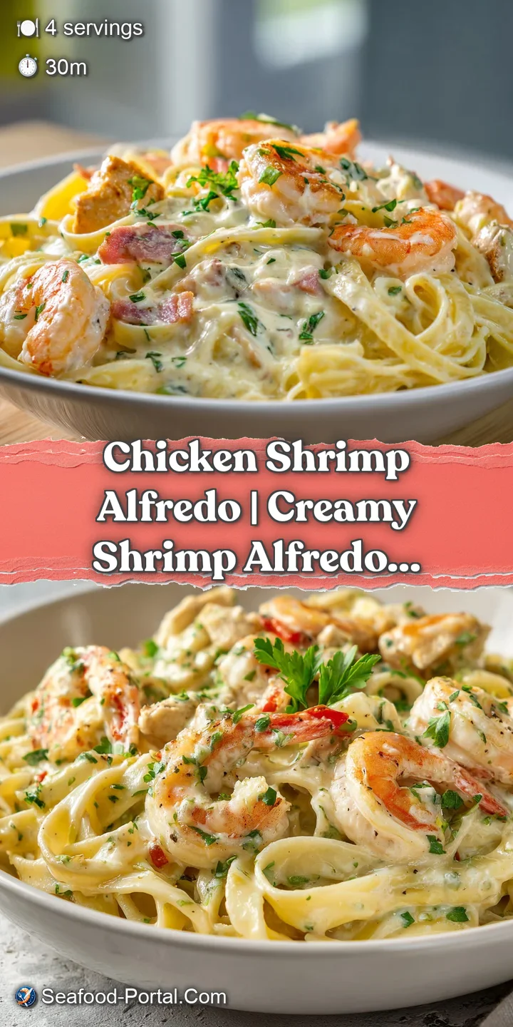 Close-up of al dente pasta coated in velvety sauce, dotted with perfectly cooked shrimp and chicken bites.