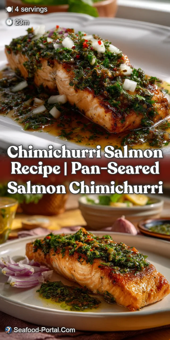 Close-up of a glistening salmon fillet, revealing a crispy, browned crust and the vibrant green of fresh chimichurri sauce.