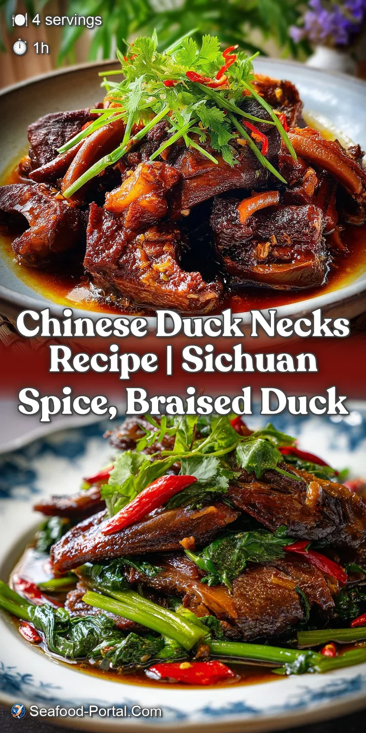 Close-up view of the duck necks with a rich, dark sauce, showcasing the textures from crispy skin to succulent meat, ready...