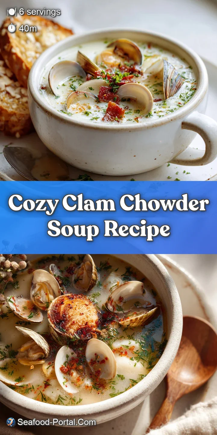 Close-up of thick, velvety clam chowder, steam rising, showing tender clams and chunks of potato, inviting and warm.