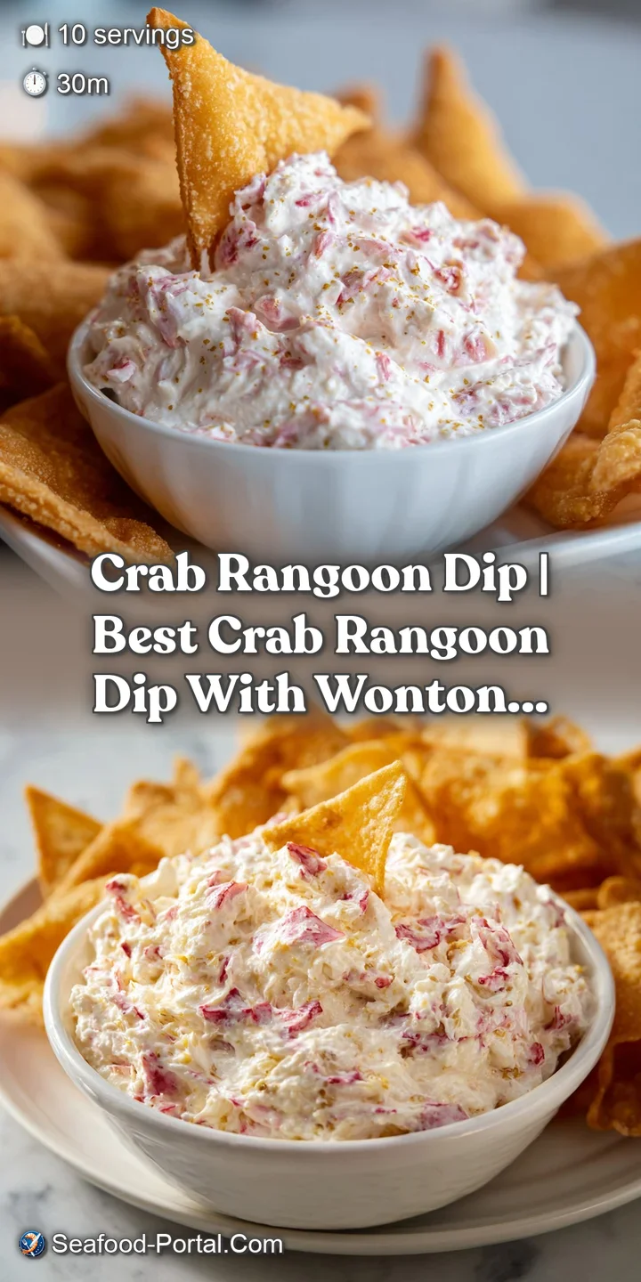 A close-up of a crispy wonton chip scooping a thick, creamy dip with visible chunks of crab and melted cheese.