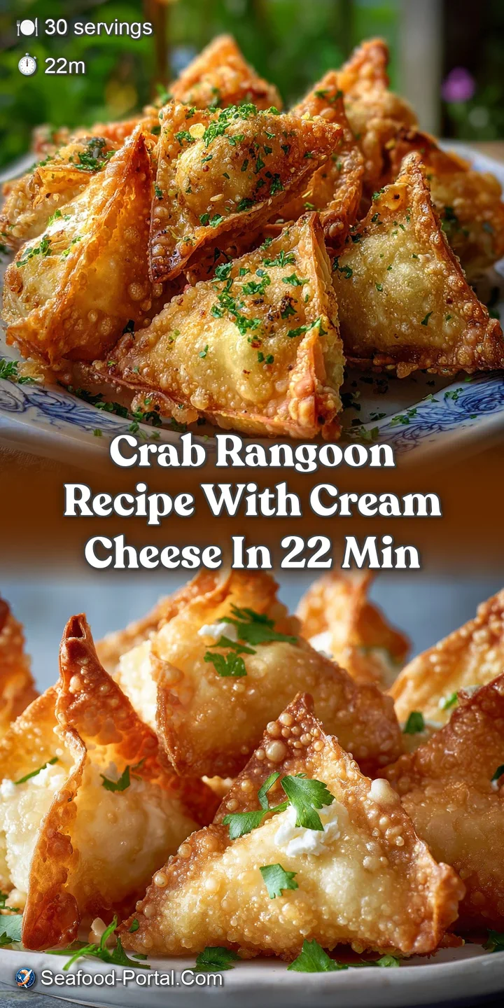 Close-up of a golden, perfectly fried crab rangoon, oozing with creamy filling. Hints of savory crab and a crispy, flaky e...