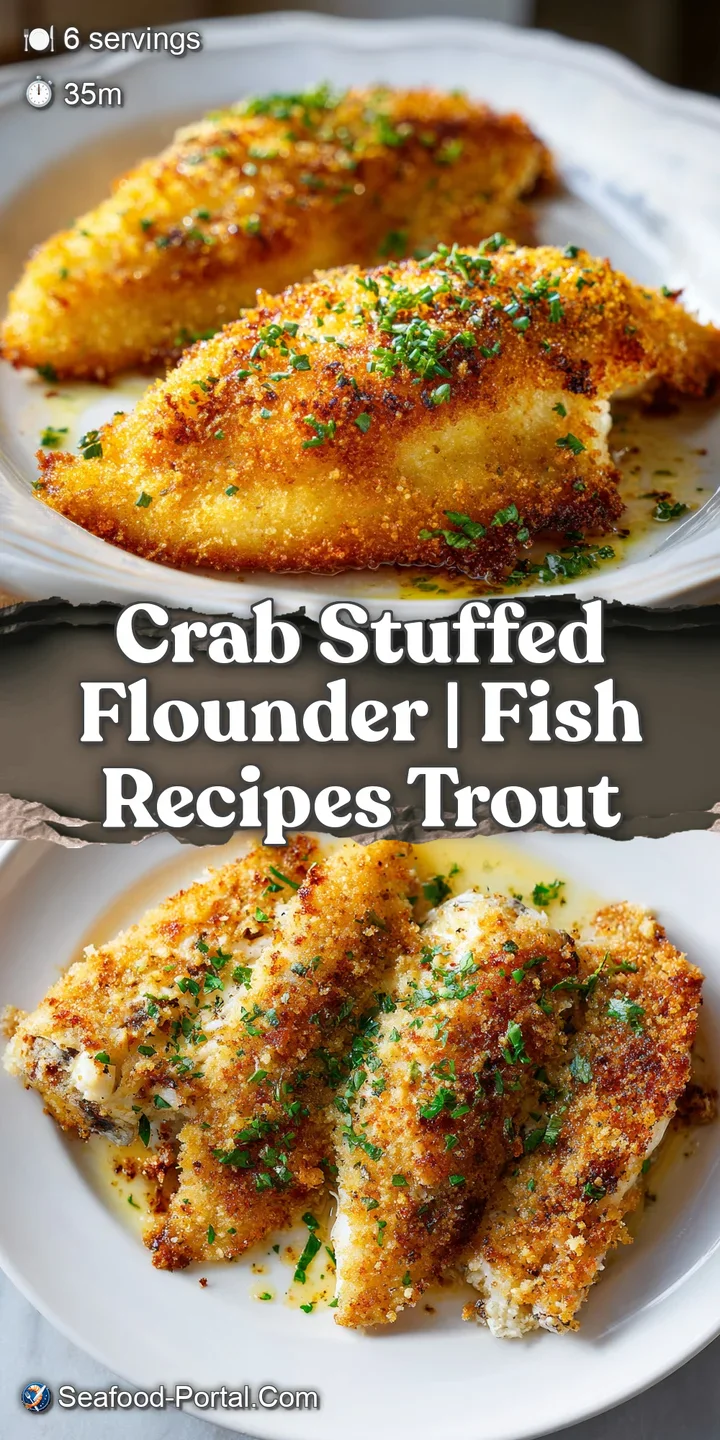 Close-up of flaky white fish and tender lump crab stuffing, glistening with a rich, buttery lemon glaze.