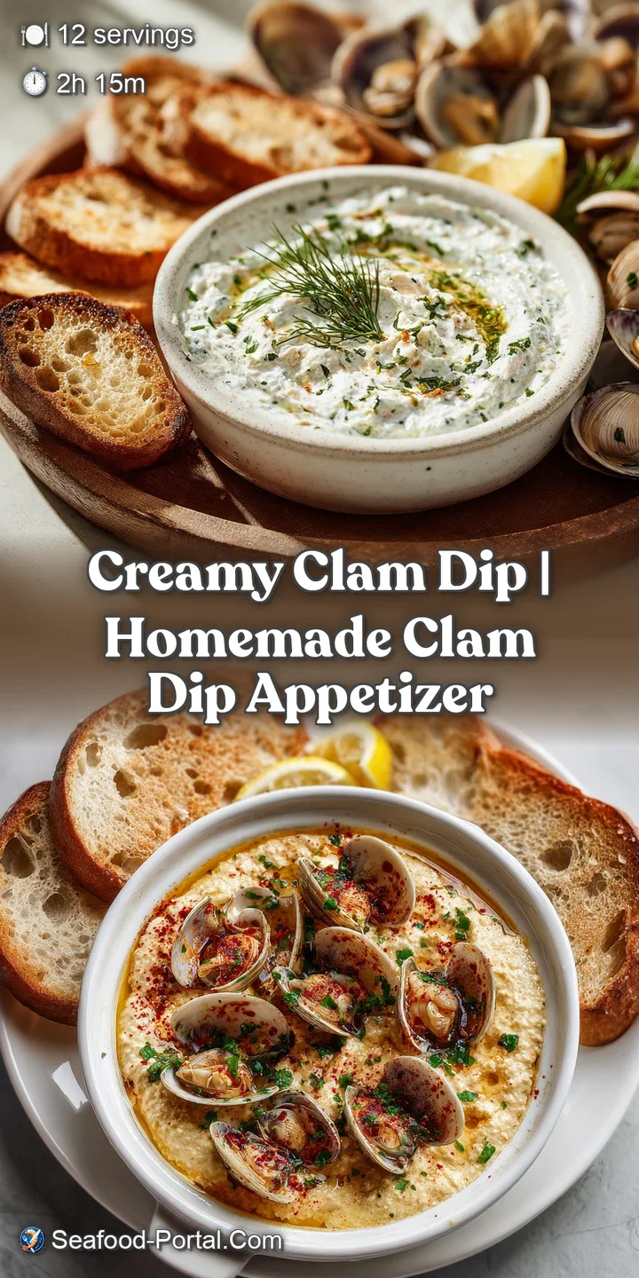 Close-up: Creamy clam dip with visible clam pieces and fresh herb flecks. Warm, crusty bread is poised to scoop up the fla...