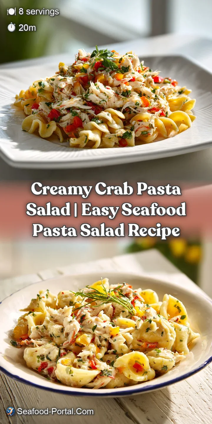 Close-up of succulent crab pieces and al dente pasta coated in a smooth, white dressing, glistening invitingly.