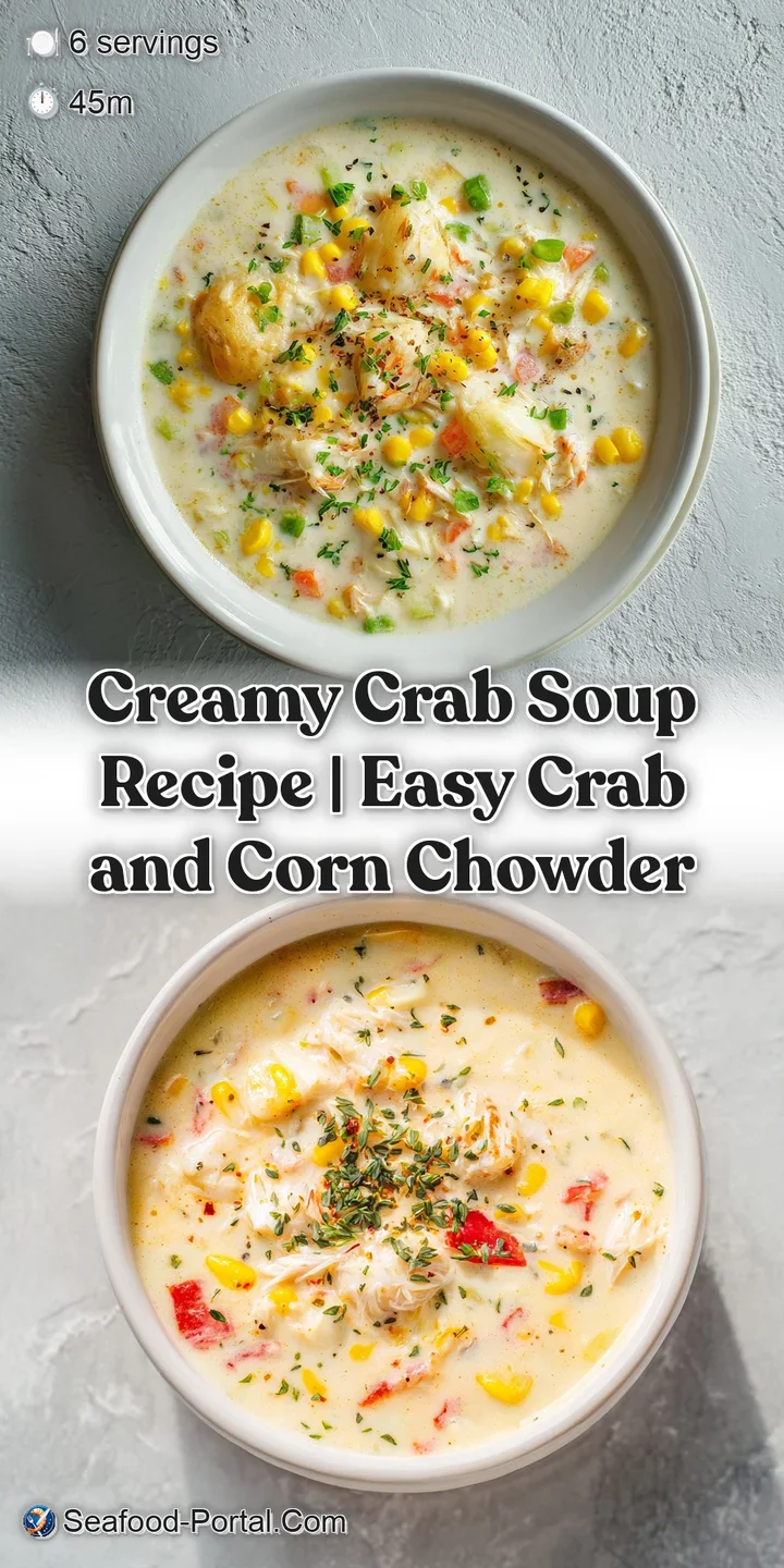 Close-up of luscious, pale pink crab meat in a thick, creamy chowder, showing subtle texture.