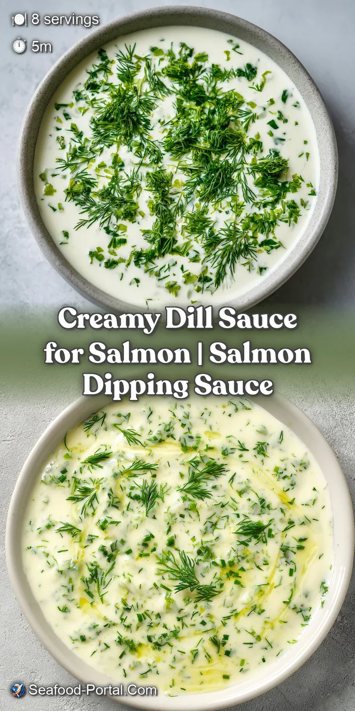Close-up of thick, glossy pale green sauce flecked with fresh dill over a tender, flaky piece of cooked salmon.