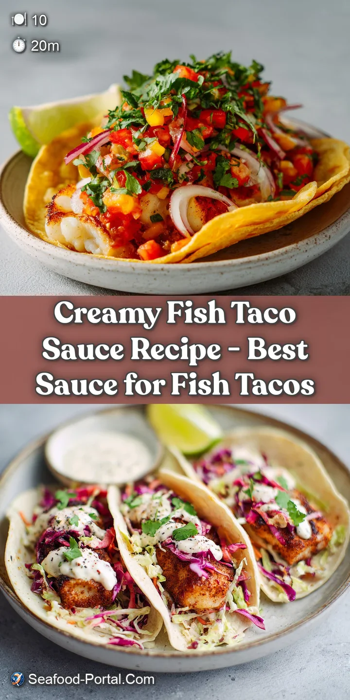 Close-up of a flaky white fish taco filling topped with a thick, creamy sauce swirl.