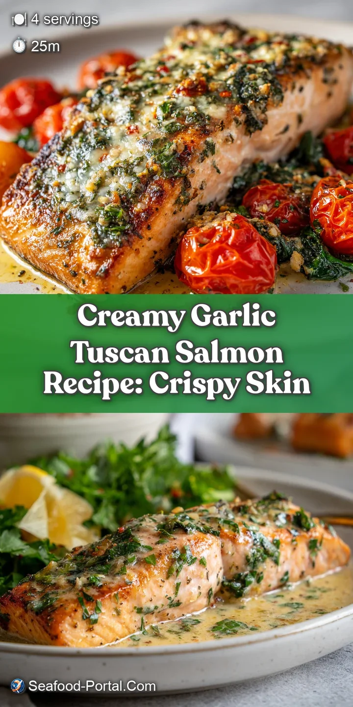 Close-up of salmon bathed in garlic Tuscan sauce, highlighting the flaky texture and vibrant colors. Sun-dried tomatoes ad...