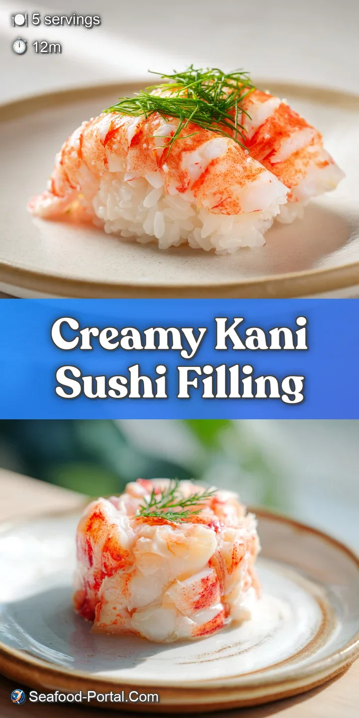 Creamy, close-up view of Kani salad with shredded crab sticks, glistening mayo, and pops of bright green from the scallions.