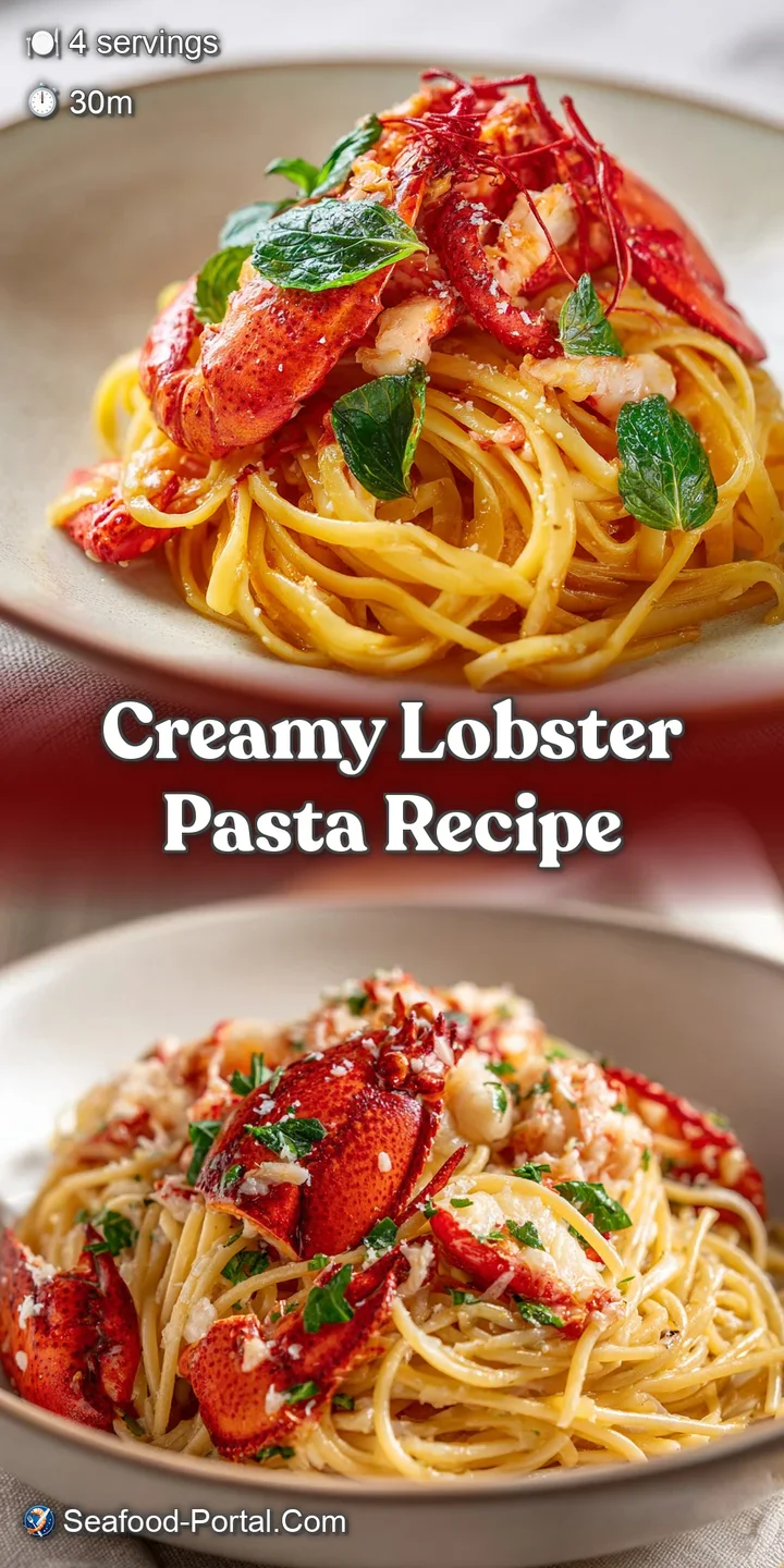 Close-up of glistening lobster pasta with succulent lobster chunks. The creamy sauce clings enticingly to the al dente noo...