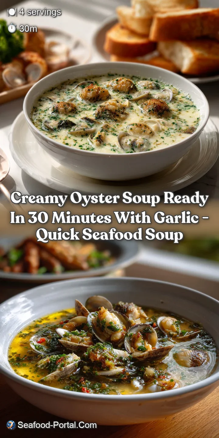 Close-up of the steaming, creamy oyster soup revealing tender oysters and garlic. The light reflects beautifully off the b...