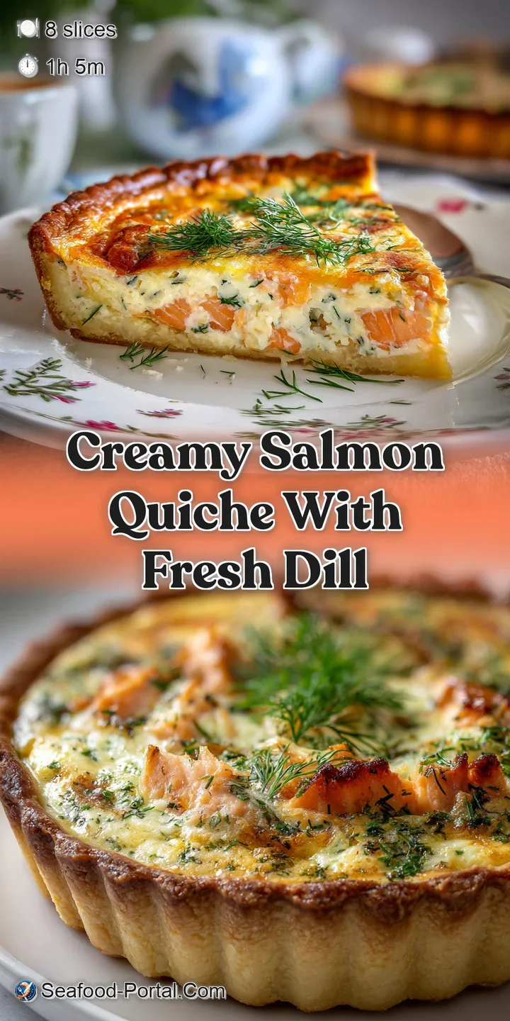 Close-up: Salmon quiche filling with flecks of fresh dill, a bubbling creamy texture, hints of golden crust. Irresistibly ...