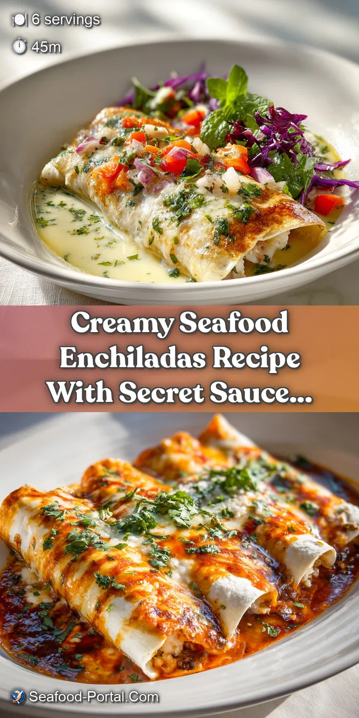 Close-up of a seafood enchilada oozing with creamy sauce and cheese, revealing succulent seafood filling, a tempting, flav...