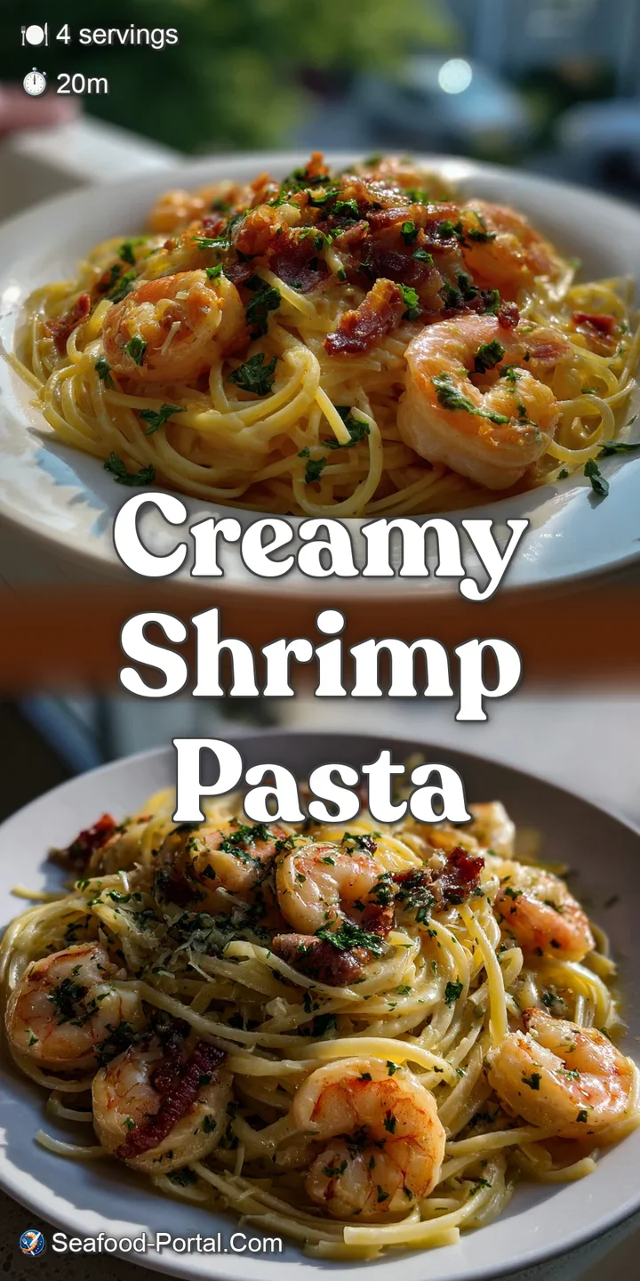 Close-up of shrimp pasta carbonara: tender shrimp, creamy sauce clinging to the spaghetti, and a dusting of fresh herbs. D...