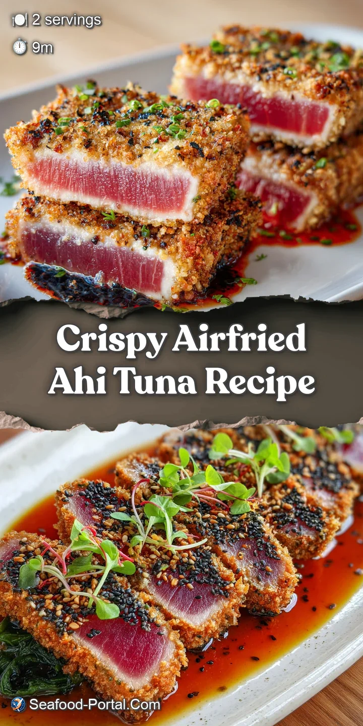 Close-up of perfectly seared ahi tuna, showing crisp, golden crust contrasting with the raw, ruby red interior. Lightly dr...