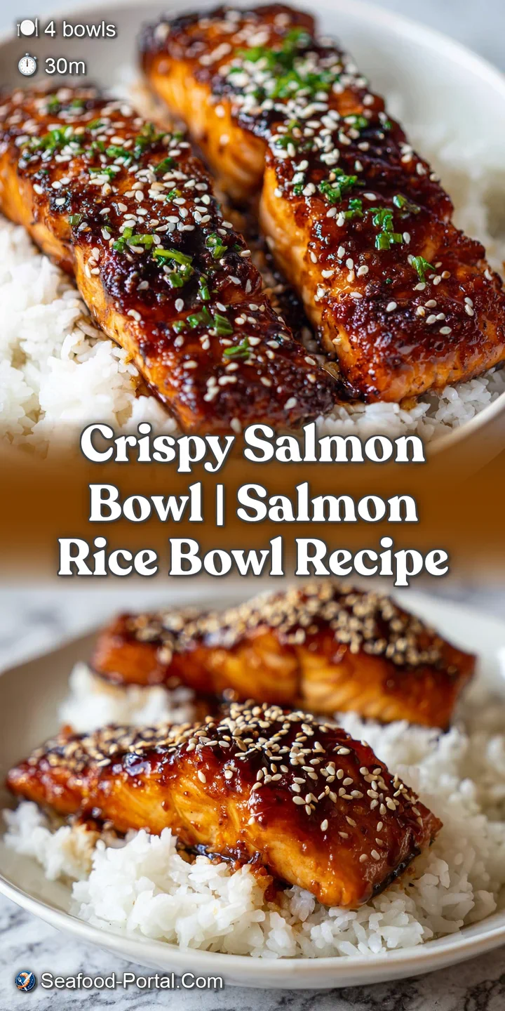 Close-up of a crispy, golden-brown salmon fillet glistening with glaze, resting on steaming, pearly white rice.