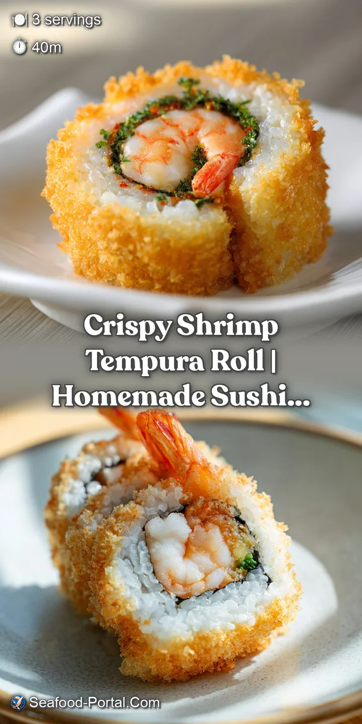 Close-up of a shrimp tempura roll, showing crispy batter, plump shrimp, and creamy filling; irresistible!