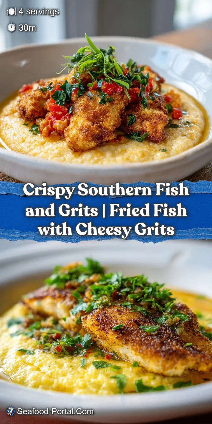 Close-up of perfectly fried catfish with visible crunch, resting on luscious, velvety grits.