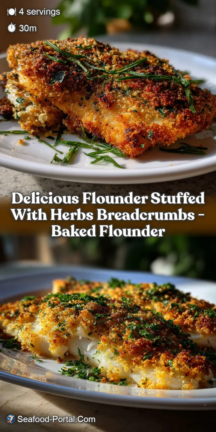 Close-up of baked flounder reveals delicate white fish and a flavorful herb breadcrumb stuffing. A delicious and tempting ...
