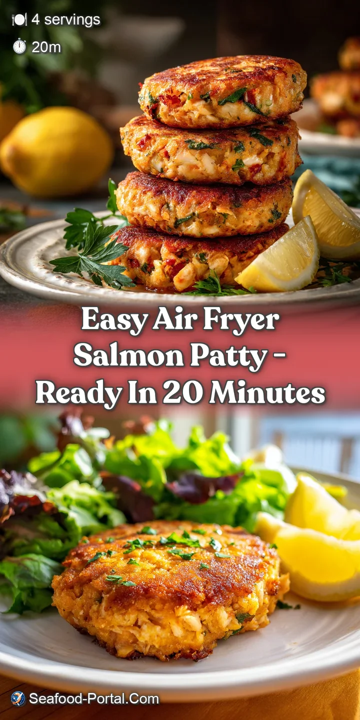 Close-up of an air-fried salmon patty, showing golden-brown crust, flaky interior, and flecks of herbs and spices.