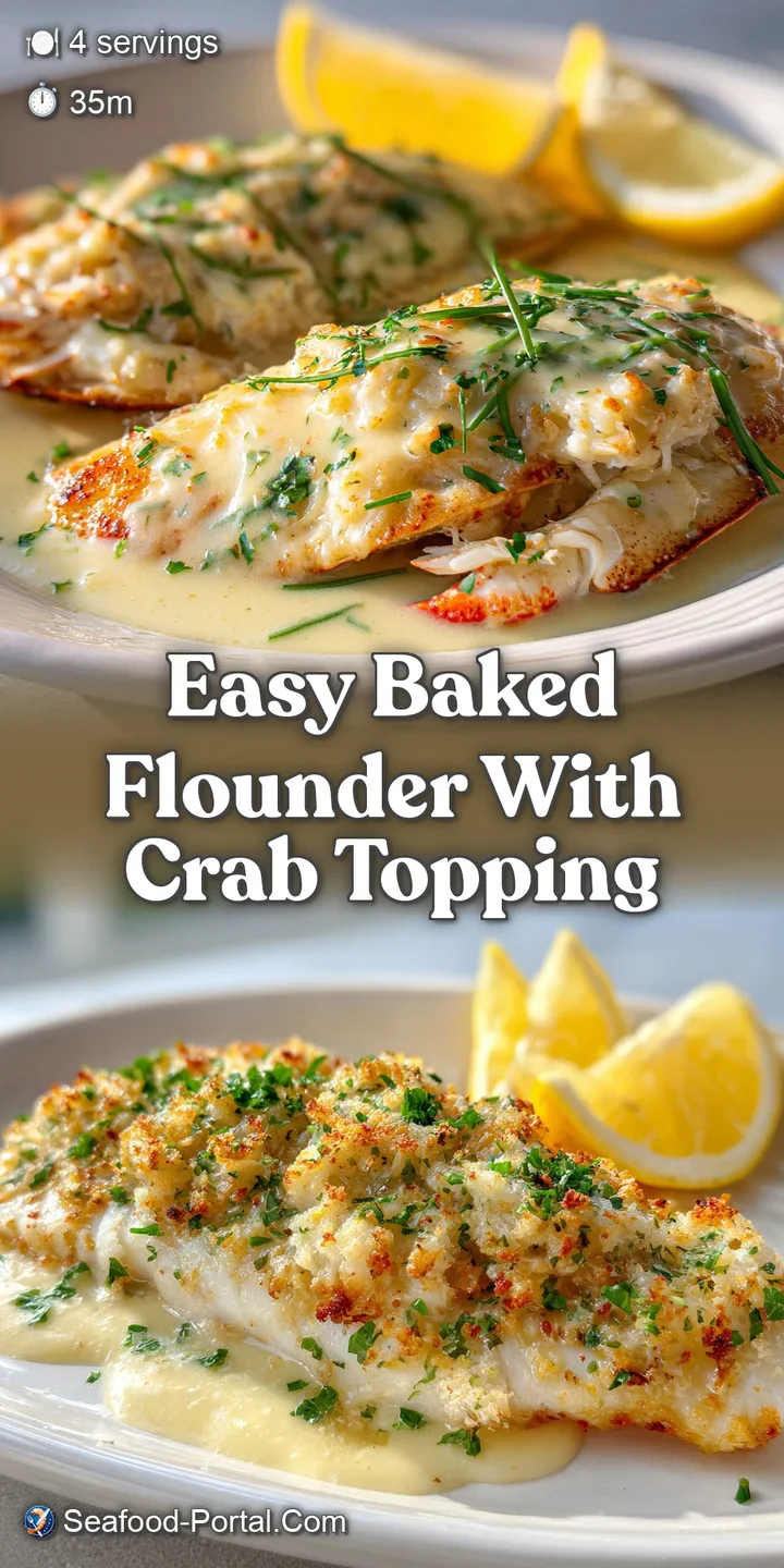 Close-up of tender, white flounder covered in a rich, lump crab topping, promising a flavorful and satisfying bite. Flaky ...
