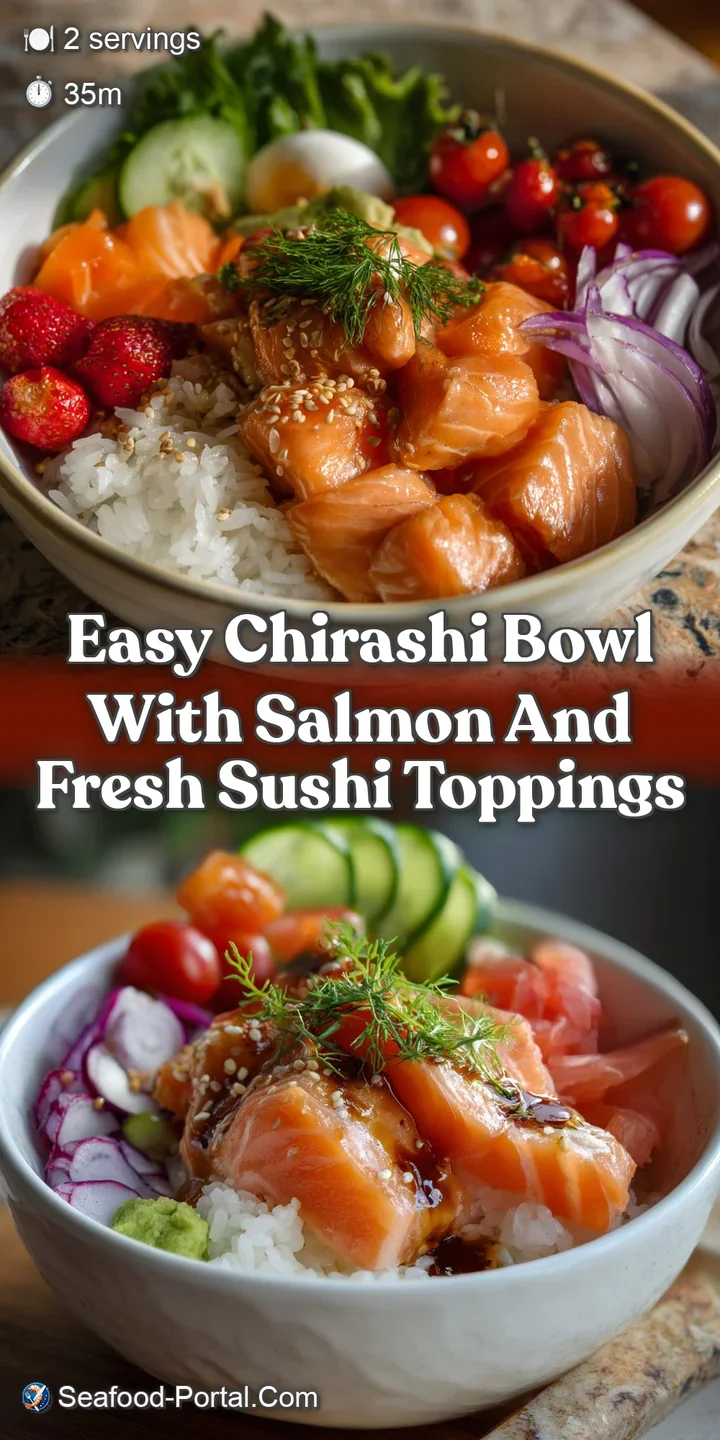 Close-up view of the chirashi bowl. Tender salmon with a rich, orange hue is contrasted by the creamy green of fresh avoca...