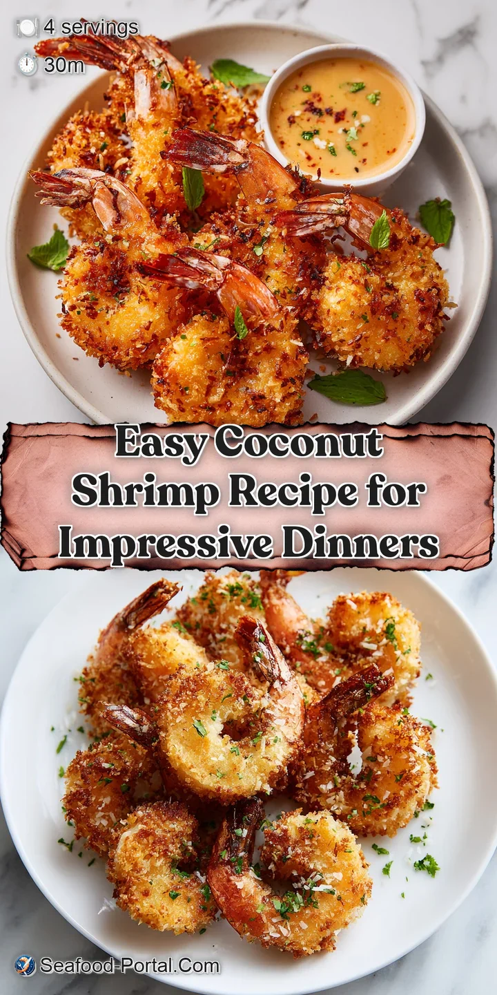 Close-up of perfectly golden, crispy coconut shrimp; the flaky texture is visible, hinting at a satisfying crunch.