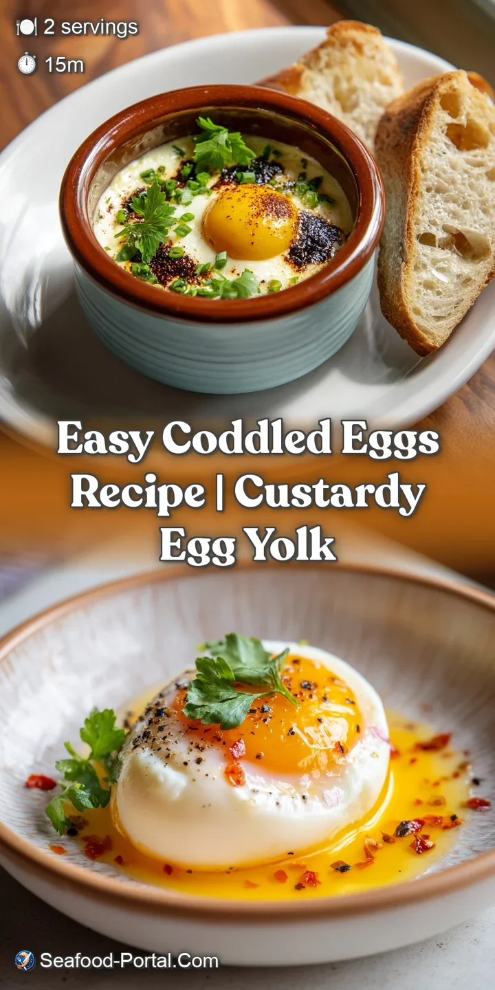 Close-up of a perfectly coddled egg, the spoon poised to break the yolk. Steam rises from the creamy, barely-set whites wi...