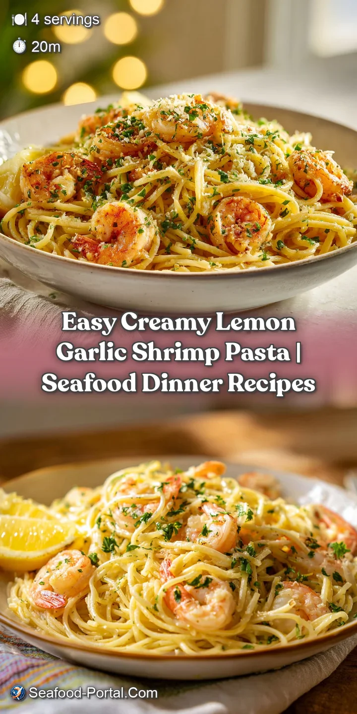 Close-up of succulent, pan-seared shrimp coated in a glistening, rich lemon-garlic sauce, tossed with tender pasta.