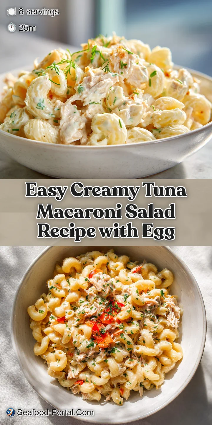 Close-up of tuna macaroni salad, showcasing the creamy texture, colorful vegetables, and tender pasta. Fresh dill is sprin...