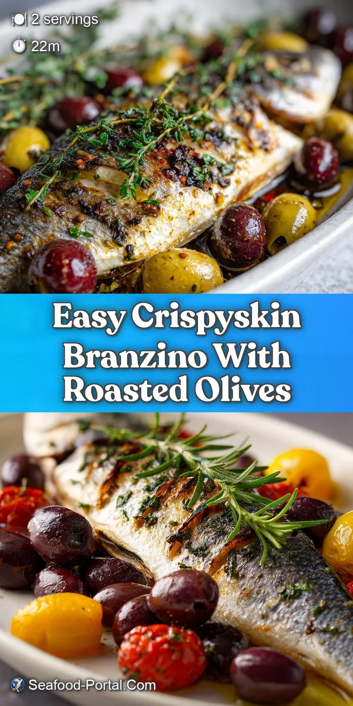 Close-up: Iridescent branzino skin, blistered and golden, beside juicy, wrinkled olives and fragrant herbs.