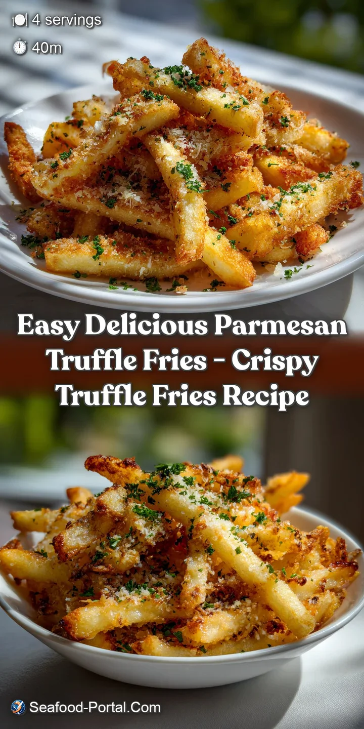 Close-up of golden fries, showing the delicate crispiness and coarse parmesan. A drizzle of truffle oil adds a touch of lu...