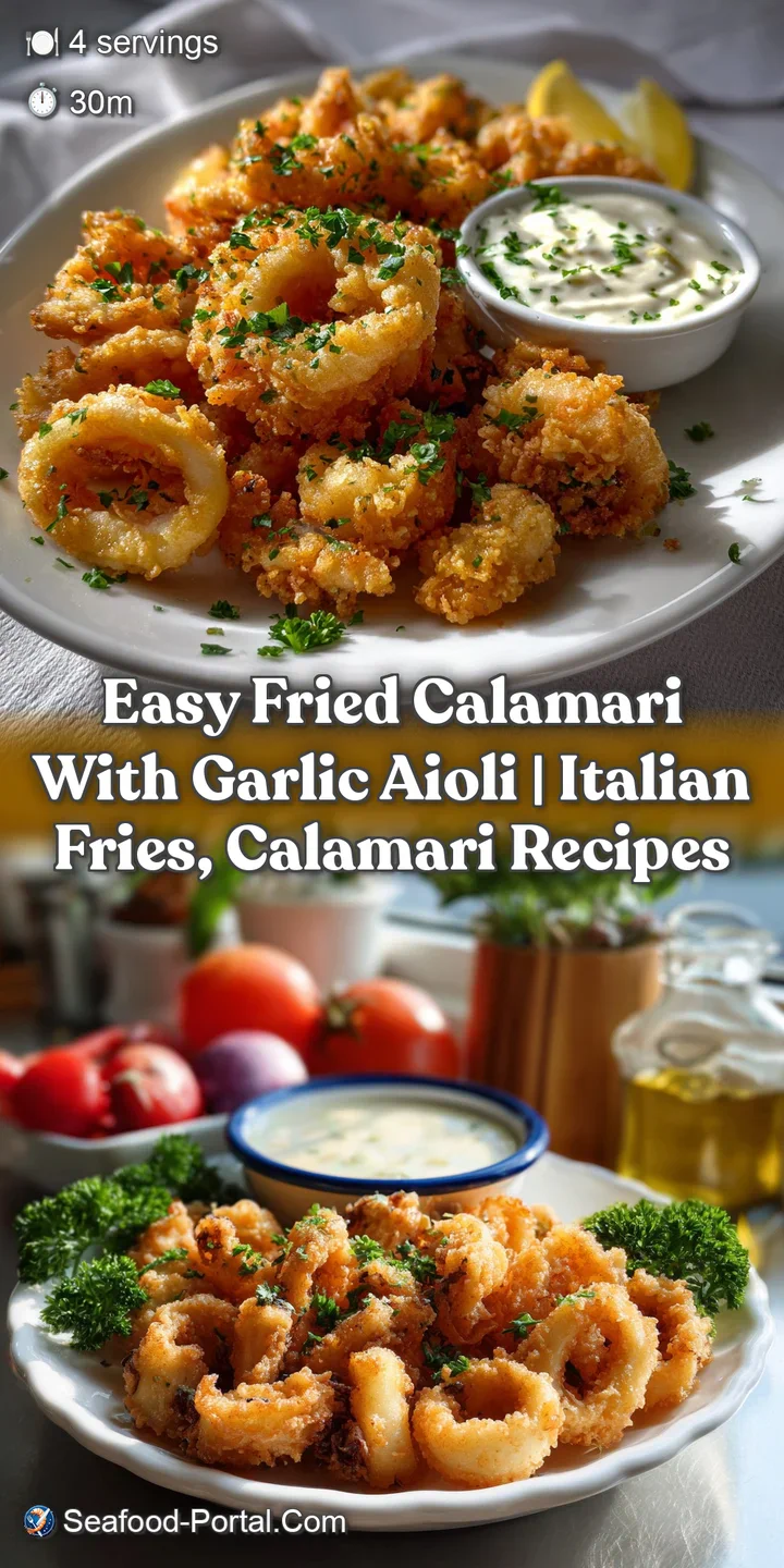 Close-up of crispy, golden fried calamari with visible textures, juxtaposed against a thick, creamy white garlic aioli for...