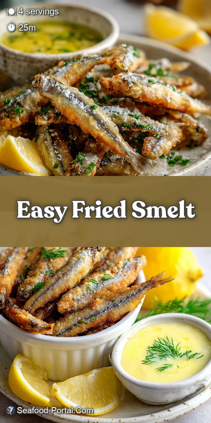 Close-up of glistening, perfectly fried smelt. Crispy texture, bright lemon zest, and creamy sauce create an appetizing im...
