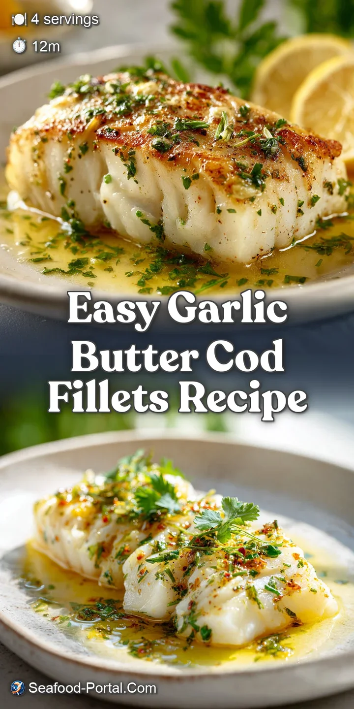 Close-up of tender, white baked cod with herbs, swimming in a rich, glistening pool of garlic butter sauce. So appetizing!