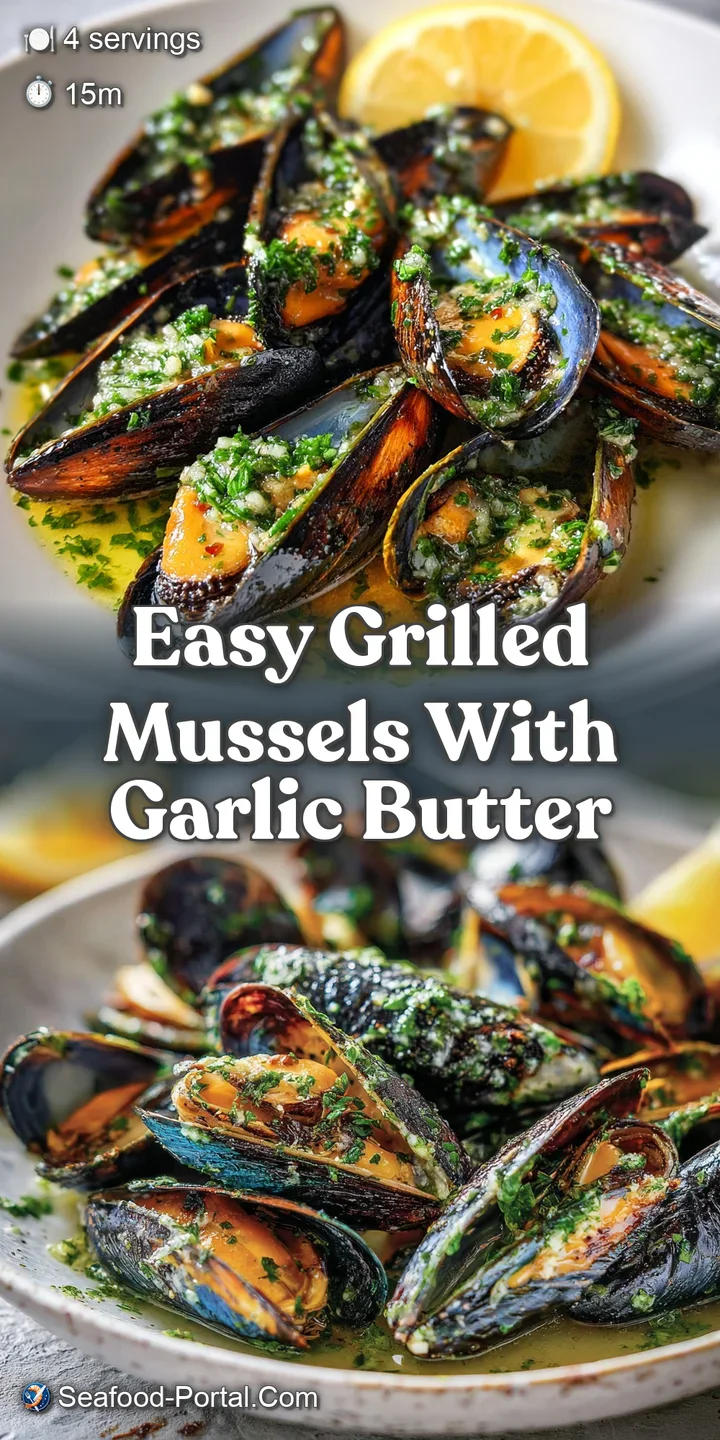 Close-up of plump grilled mussels, bubbling garlic butter, charred shell edges, promising a briny and savory flavor explos...