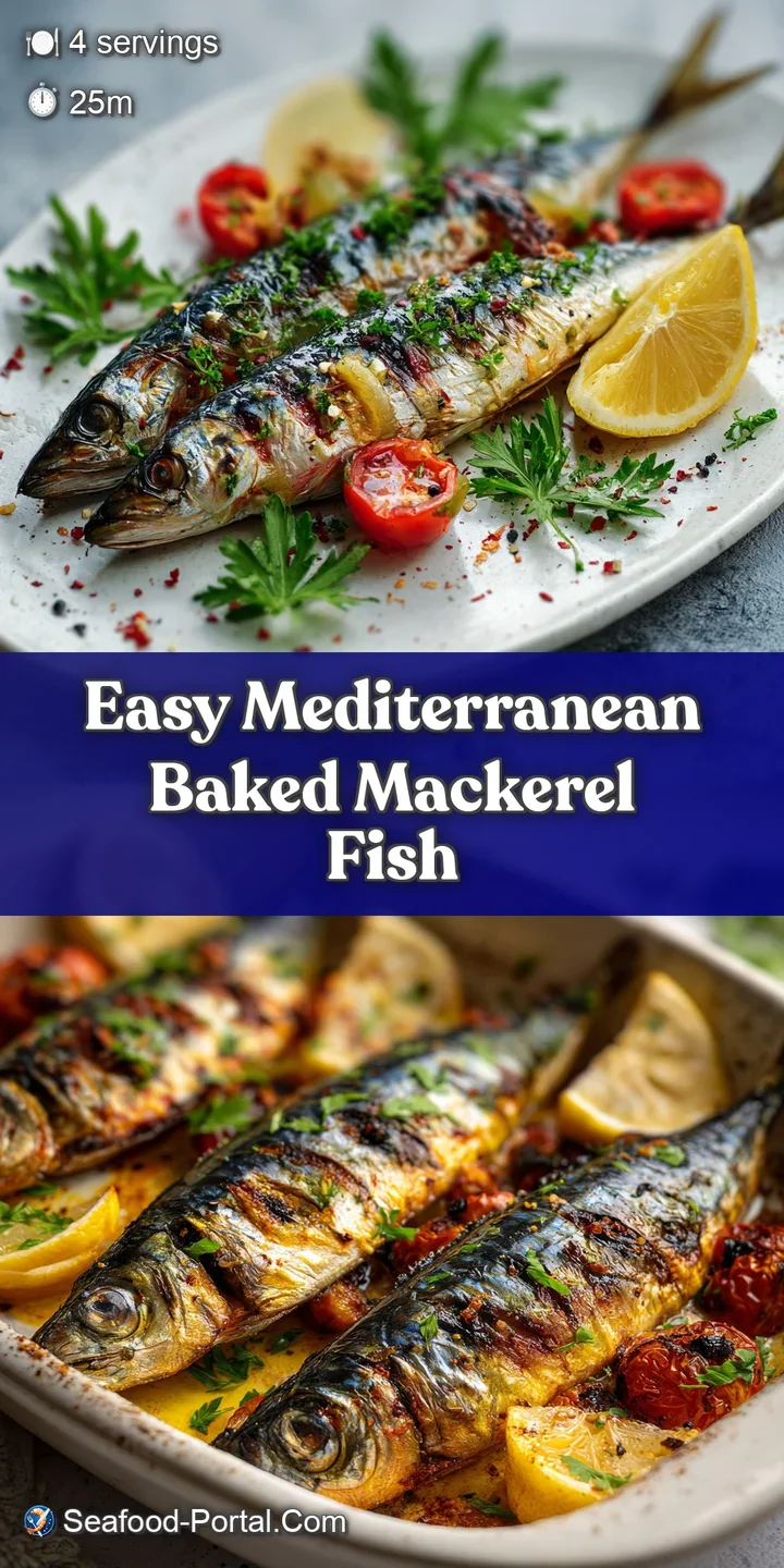 Close-up of a moist, baked mackerel fillet showing its tender texture and golden-brown skin, seasoned with herbs and spices.