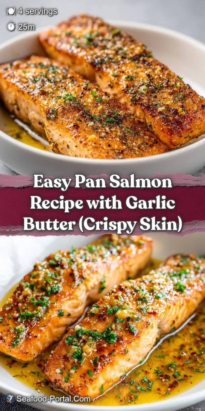 Extreme close-up of flaky pink salmon flesh topped with melted golden butter and toasted minced garlic bits.