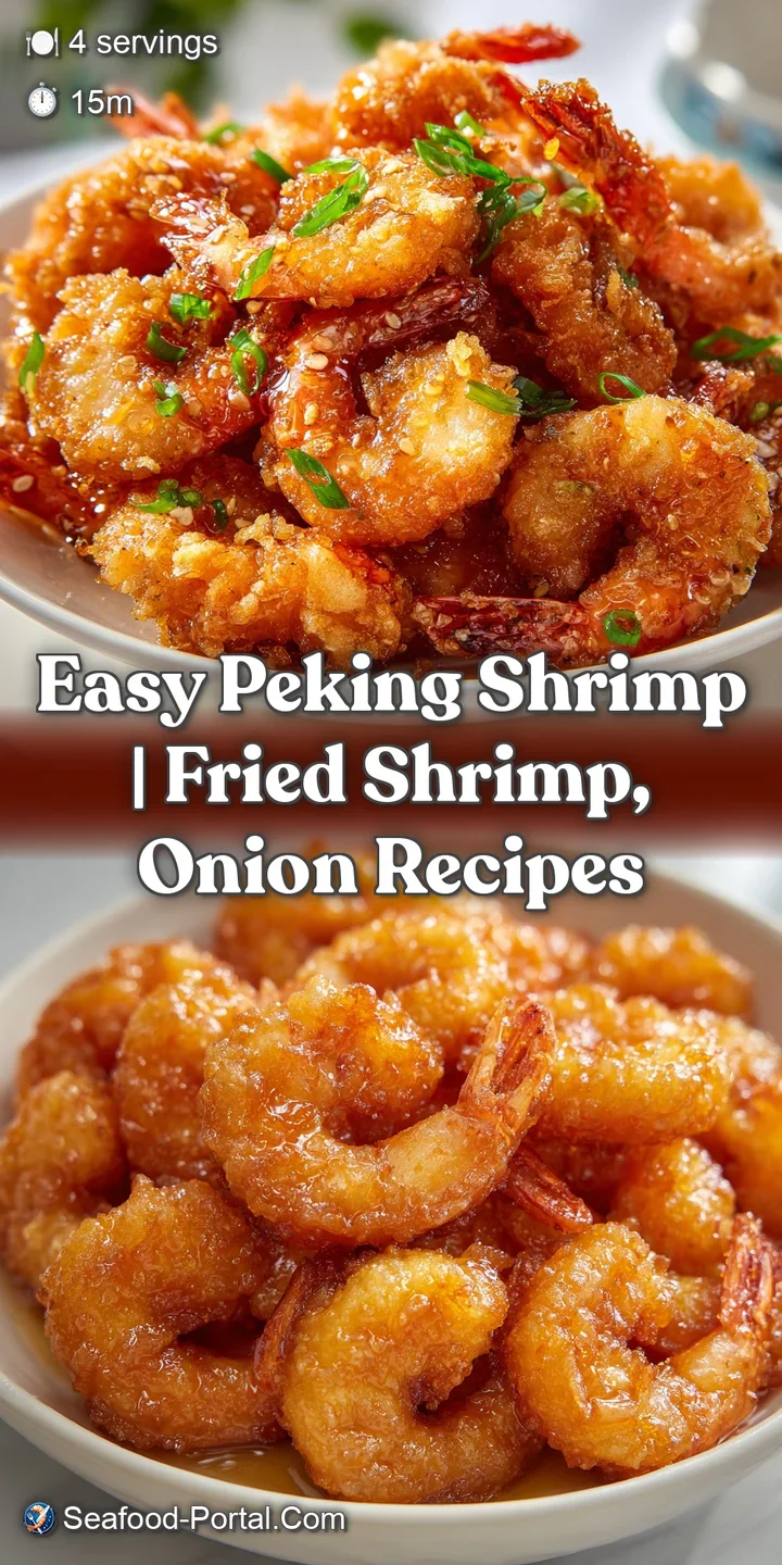 Close-up of a perfectly fried Peking shrimp, its crackling exterior gleaming, contrasted with the glossy sauce. Steaming n...