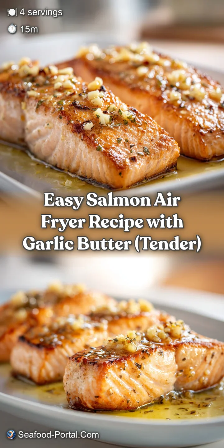 Close-up of a succulent salmon fillet with charred edges and shimmering pools of melted garlic butter on top.