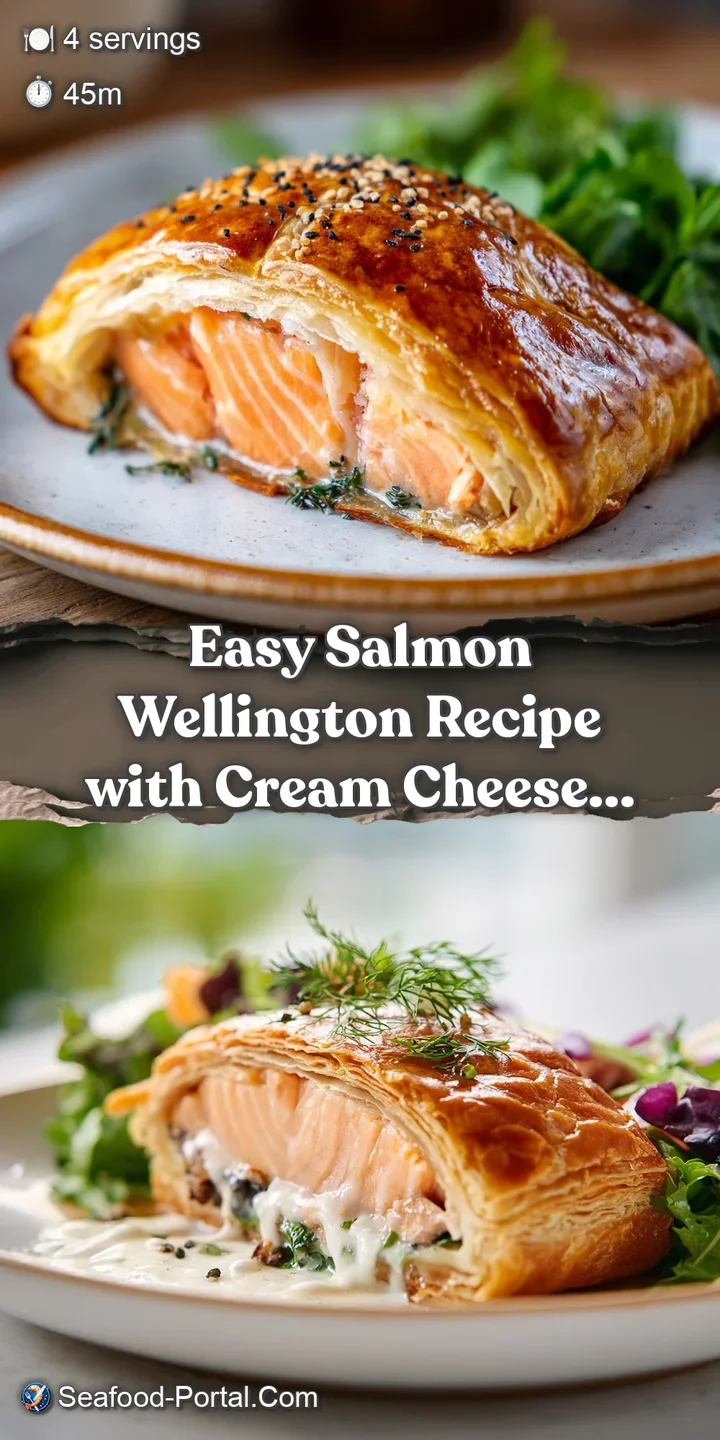 Close-up of glistening salmon wellington, revealing flaky pastry and moist fish. A tempting glimpse of herbs and filling.